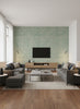 Imperial Linen Traditional Linen Metallic Pearl and Forest Green | Architectural Wallcoverings - Living Room Visualization (AI-generated, may not be to scale. Verify pattern scale with product specifications.)