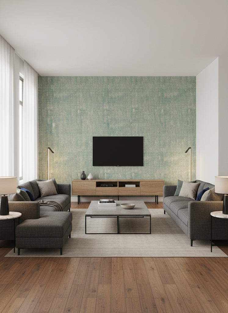 Imperial Linen Traditional Linen Metallic Pearl and Forest Green | Architectural Wallcoverings - Living Room Visualization (AI-generated, may not be to scale. Verify pattern scale with product specifications.)