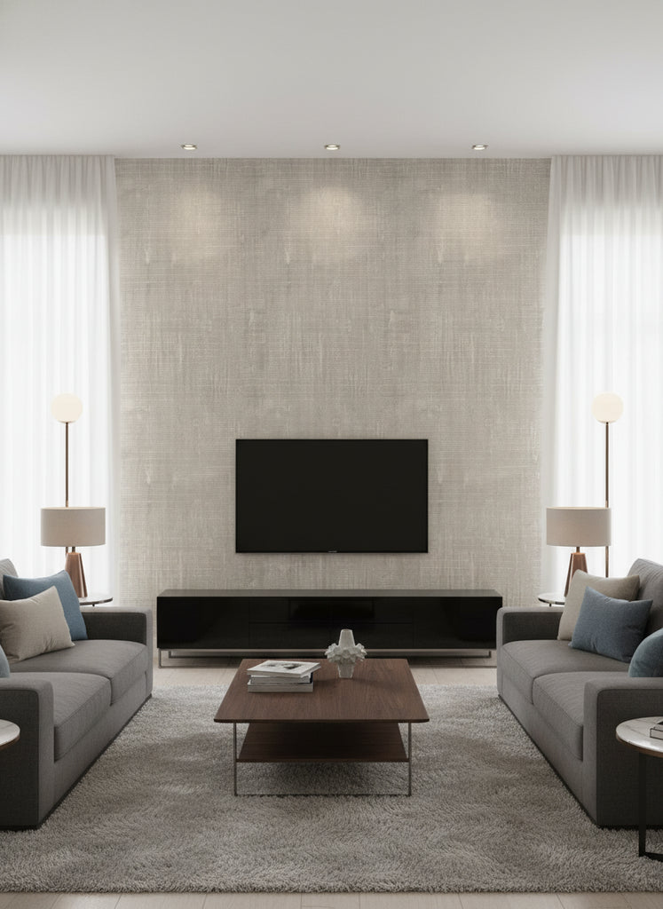 Imperial Linen Traditional Linen Imperial Metallic Silver and Gold | Architectural Wallcoverings - Living Room Visualization (AI-generated, may not be to scale. Verify pattern scale with product specifications.)