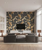 Koi Fish Traditional Animal Print Metallic Gold and Ebony | Architectural Wallcoverings - Living Room Visualization (AI-generated, may not be to scale. Verify pattern scale with product specifications.)