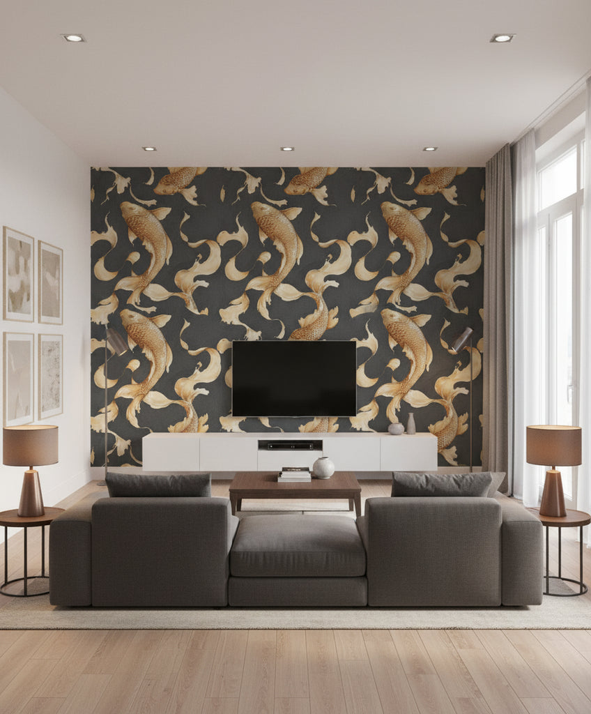 Koi Fish Traditional Animal Print Metallic Gold and Ebony | Architectural Wallcoverings - Living Room Visualization (AI-generated, may not be to scale. Verify pattern scale with product specifications.)