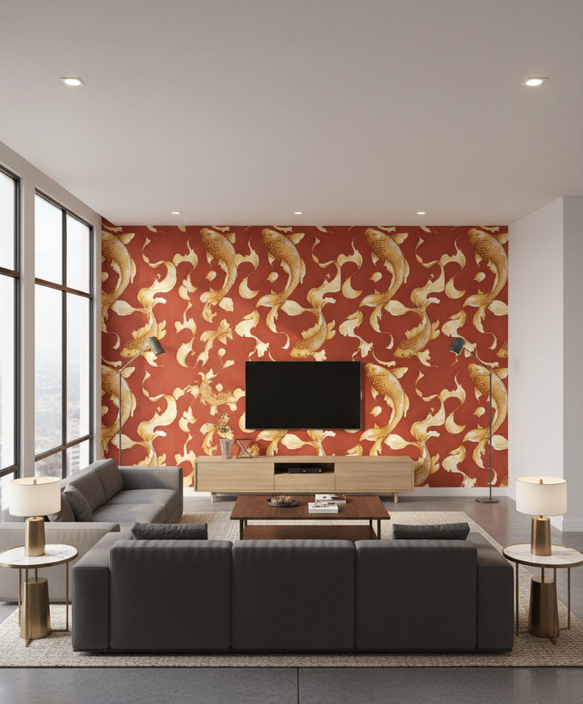 Koi Fish Traditional Animal Print Metallic Gold and Crimson | Architectural Wallcoverings - Living Room Visualization (AI-generated, may not be to scale. Verify pattern scale with product specifications.)