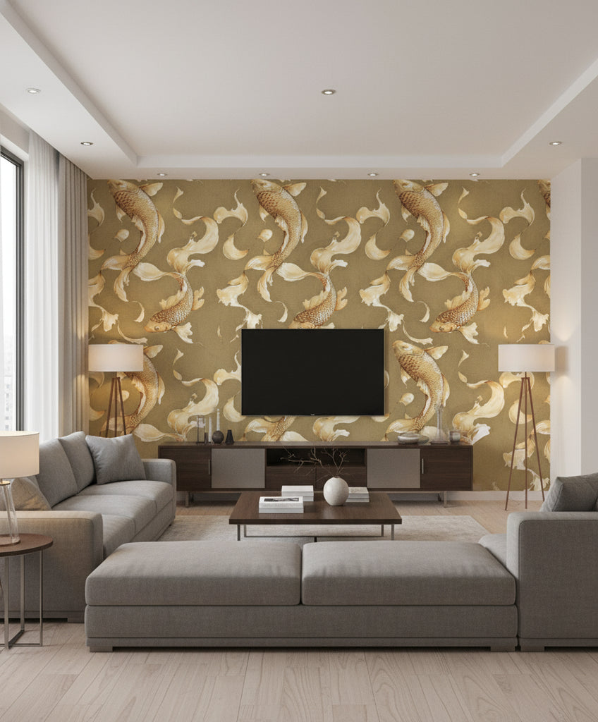 Koi Fish Traditional Animal Print Metallic Gold and Toffee | Architectural Wallcoverings - Living Room Visualization (AI-generated, may not be to scale. Verify pattern scale with product specifications.)