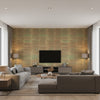 Dynasty Bamboo Traditional Stripe Spice and Metallic Gold | Architectural Wallcoverings - Living Room Visualization (AI-generated, may not be to scale. Verify pattern scale with product specifications.)
