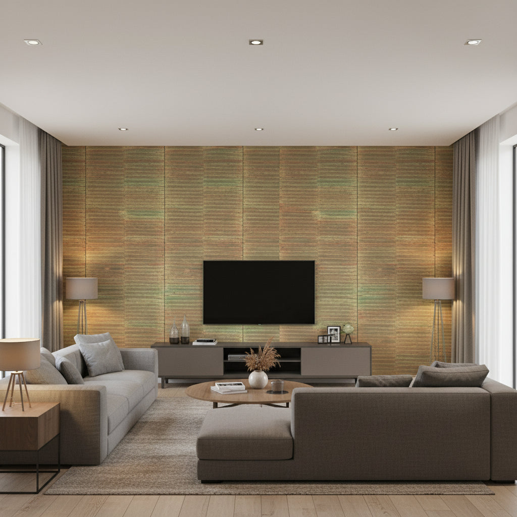 Dynasty Bamboo Traditional Stripe Spice and Metallic Gold | Architectural Wallcoverings - Living Room Visualization (AI-generated, may not be to scale. Verify pattern scale with product specifications.)
