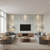 Dynasty Bamboo Traditional Stripe Periwinkle and Metallic Pearl | Architectural Wallcoverings - Living Room Visualization (AI-generated, may not be to scale. Verify pattern scale with product specifications.)