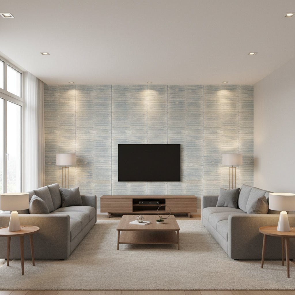 Dynasty Bamboo Traditional Stripe Periwinkle and Metallic Pearl | Architectural Wallcoverings - Living Room Visualization (AI-generated, may not be to scale. Verify pattern scale with product specifications.)