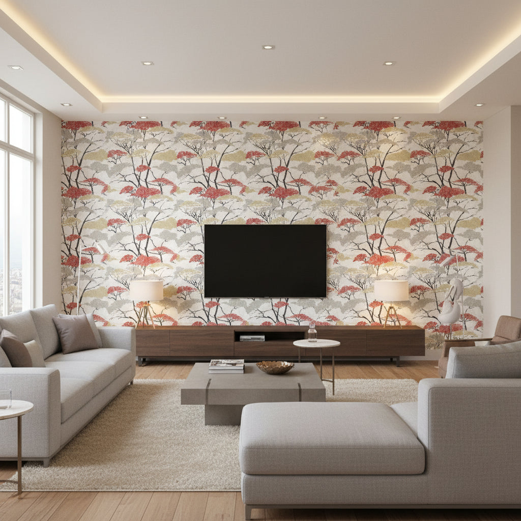 Confucius Tree Traditional Botanical Metallic Gold, Silver, and Crimson | Architectural Wallcoverings - Living Room Visualization (AI-generated, may not be to scale. Verify pattern scale with product specifications.)