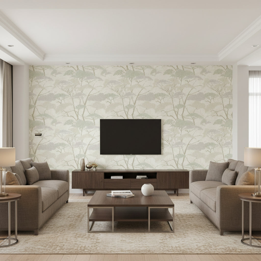 Confucius Tree Traditional Botanical Silver and Pearl | Architectural Wallcoverings - Living Room Visualization (AI-generated, may not be to scale. Verify pattern scale with product specifications.)
