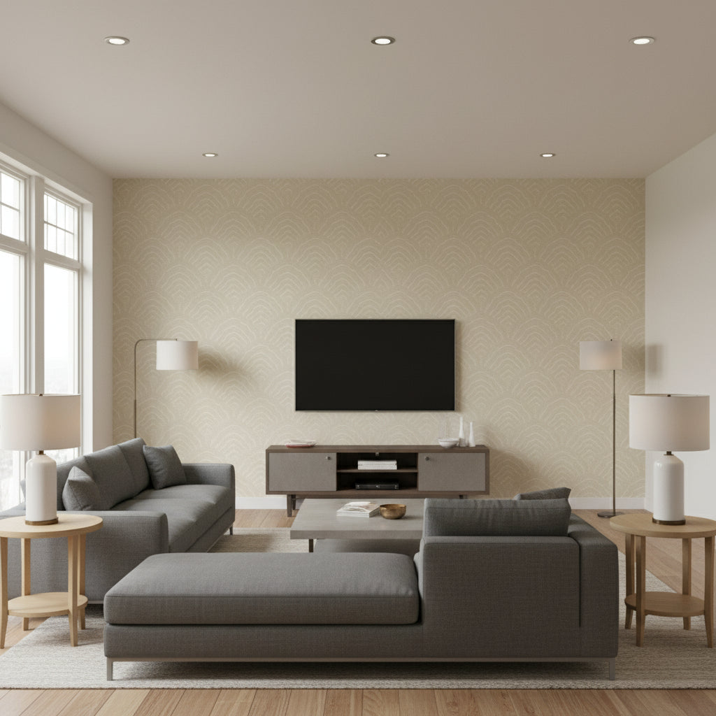 Confucius Scallop Traditional Geometric Tan and Metallic Pearl | Architectural Wallcoverings - Living Room Visualization (AI-generated, may not be to scale. Verify pattern scale with product specifications.)