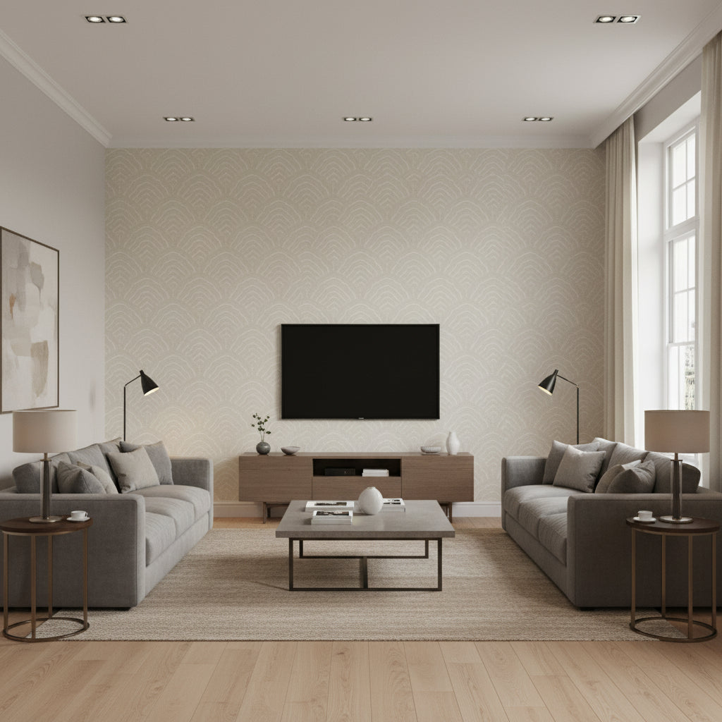 Confucius Scallop Traditional Geometric Linen and Metallic Pearl | Architectural Wallcoverings - Living Room Visualization (AI-generated, may not be to scale. Verify pattern scale with product specifications.)