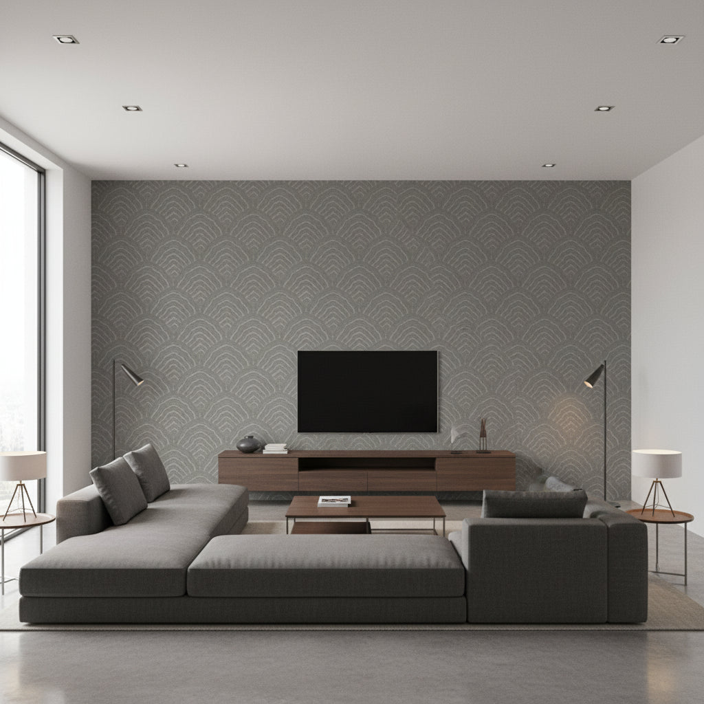 Confucius Scallop Traditional Geometric Charcoal and Metallic Silver | Architectural Wallcoverings - Living Room Visualization (AI-generated, may not be to scale. Verify pattern scale with product specifications.)