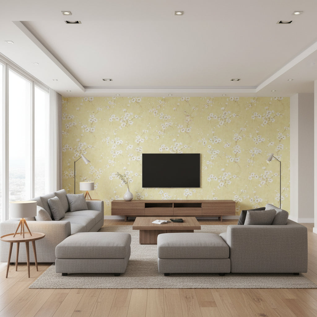 Silk Road Dogwood Traditional Floral Metallic Pearl and Gold | Architectural Wallcoverings - Living Room Visualization (AI-generated, may not be to scale. Verify pattern scale with product specifications.)