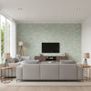 Silk Road Dogwood Traditional Floral Metallic Mint and Pink | Architectural Wallcoverings - Living Room Visualization (AI-generated, may not be to scale. Verify pattern scale with product specifications.)