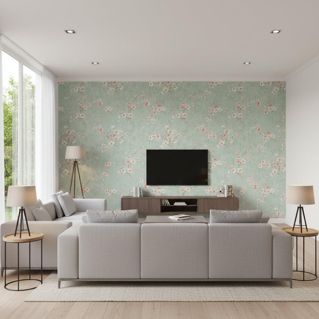 Silk Road Dogwood Traditional Floral Metallic Mint and Pink | Architectural Wallcoverings - Living Room Visualization (AI-generated, may not be to scale. Verify pattern scale with product specifications.)