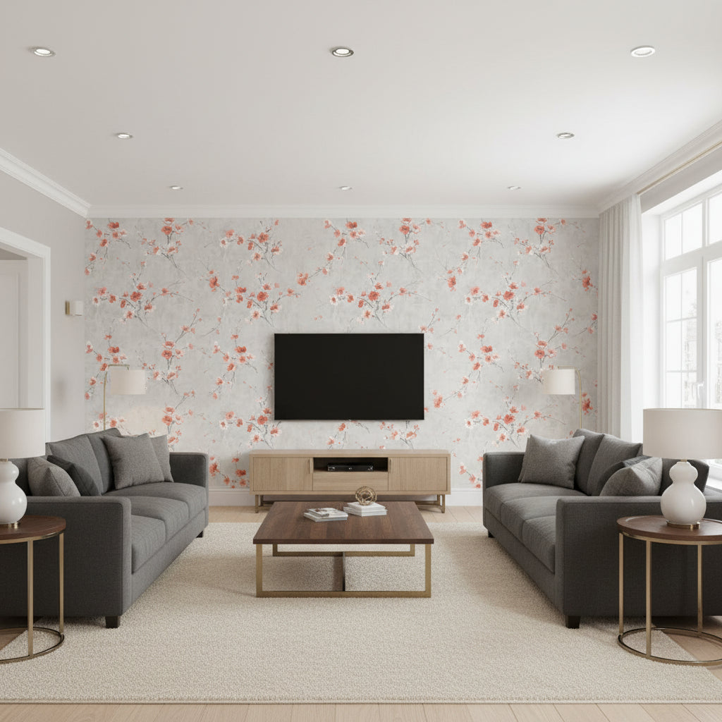 Silk Road Dogwood Traditional Floral Metallic Silver and Strawberry | Architectural Wallcoverings - Living Room Visualization (AI-generated, may not be to scale. Verify pattern scale with product specifications.)