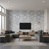 Great Wall Floral Traditional Floral - Metallic Silver and Sky Blue | Architectural Wallcoverings - Living Room Visualization (AI-generated, may not be to scale. Verify pattern scale with product specifications.)