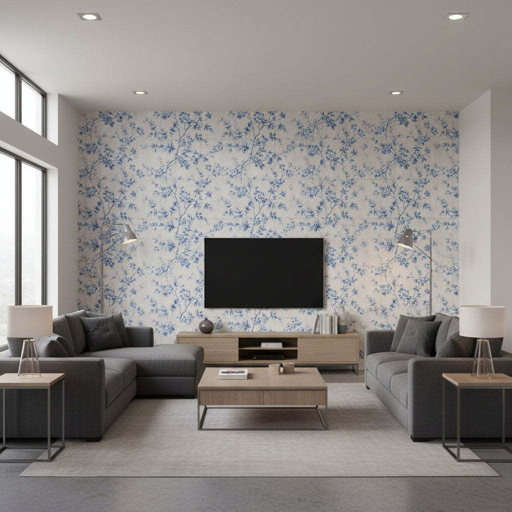 Great Wall Floral Traditional Floral - Metallic Silver and Sky Blue | Architectural Wallcoverings - Living Room Visualization (AI-generated, may not be to scale. Verify pattern scale with product specifications.)