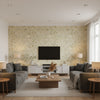 Great Wall Floral Traditional Floral - Metallic Gold and Greige | Architectural Wallcoverings - Living Room Visualization (AI-generated, may not be to scale. Verify pattern scale with product specifications.)