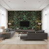 Great Wall Floral Traditional Floral - Metallic Mocha and Sea Green | Architectural Wallcoverings - Living Room Visualization (AI-generated, may not be to scale. Verify pattern scale with product specifications.)