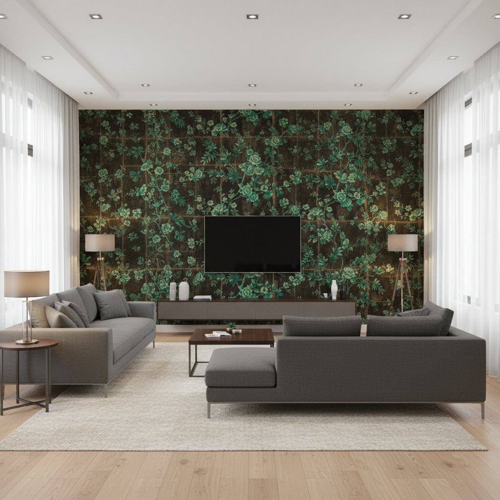 Great Wall Floral Traditional Floral - Metallic Mocha and Sea Green | Architectural Wallcoverings - Living Room Visualization (AI-generated, may not be to scale. Verify pattern scale with product specifications.)