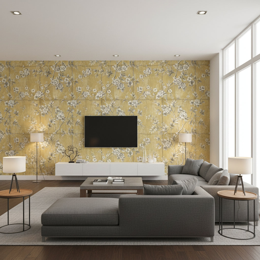 Great Wall Floral Traditional Floral - Metallic Gold and Taupe | Architectural Wallcoverings - Living Room Visualization (AI-generated, may not be to scale. Verify pattern scale with product specifications.)