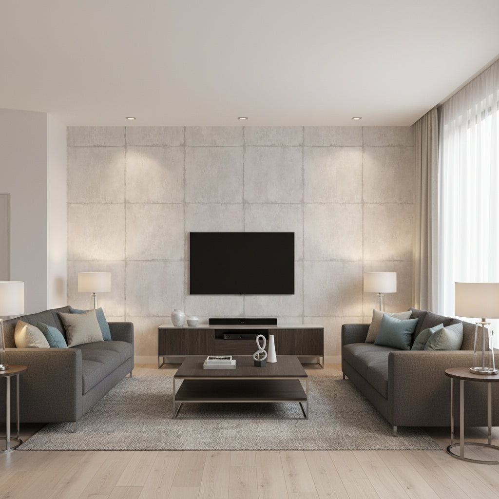 Great Wall Blocks Traditional Geometric - Metallic Silver and Grey | Architectural Wallcoverings - Living Room Visualization (AI-generated, may not be to scale. Verify pattern scale with product specifications.)