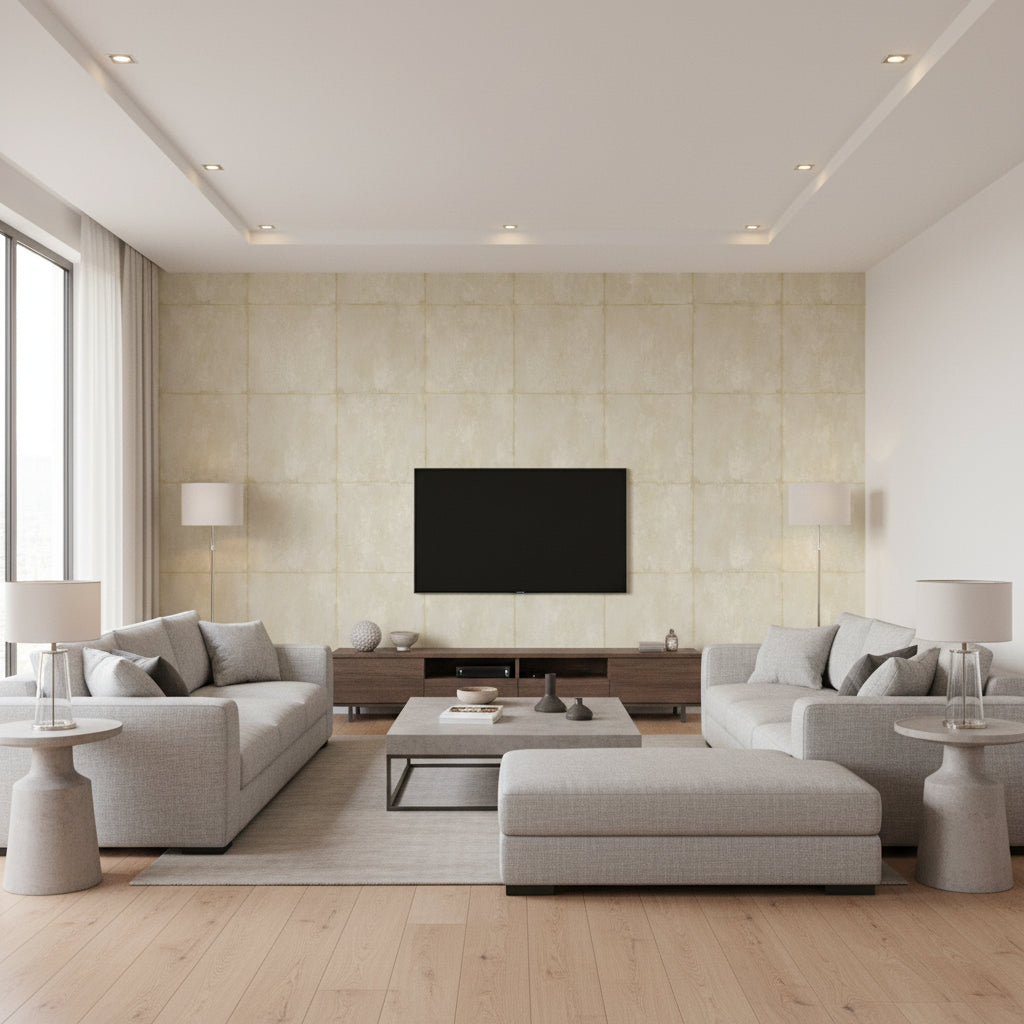 Great Wall Blocks Traditional Geometric - Metallic Gold and Off-White | Architectural Wallcoverings - Living Room Visualization (AI-generated, may not be to scale. Verify pattern scale with product specifications.)