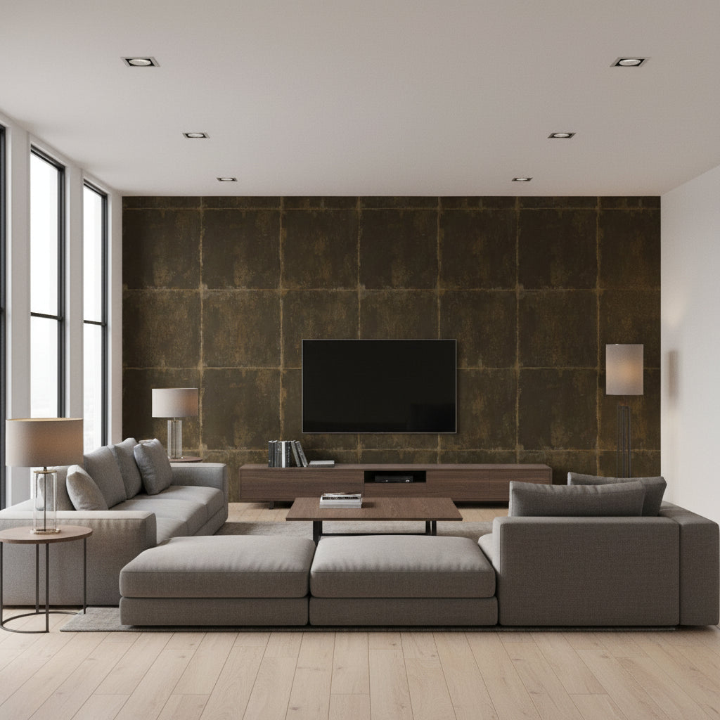 Great Wall Blocks Traditional Geometric - Metallic Mocha and Gold | Architectural Wallcoverings - Living Room Visualization (AI-generated, may not be to scale. Verify pattern scale with product specifications.)