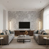 Lotus Floral Traditional Floral - Metallic Silver and Gray | Architectural Wallcoverings - Living Room Visualization (AI-generated, may not be to scale. Verify pattern scale with product specifications.)