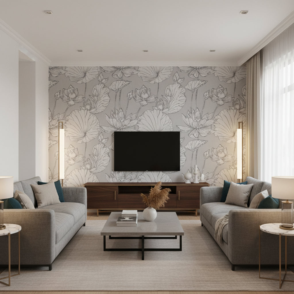 Lotus Floral Traditional Floral - Metallic Silver and Gray | Architectural Wallcoverings - Living Room Visualization (AI-generated, may not be to scale. Verify pattern scale with product specifications.)