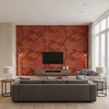 Lotus Floral Traditional Floral - Metallic Gold and Crimson | Architectural Wallcoverings - Living Room Visualization (AI-generated, may not be to scale. Verify pattern scale with product specifications.)