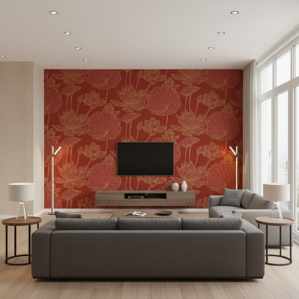 Lotus Floral Traditional Floral - Metallic Gold and Crimson | Architectural Wallcoverings - Living Room Visualization (AI-generated, may not be to scale. Verify pattern scale with product specifications.)
