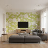 Lotus Floral Traditional Floral - Metallic Gold and Lime Green | Architectural Wallcoverings - Living Room Visualization (AI-generated, may not be to scale. Verify pattern scale with product specifications.)