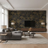 Lotus Floral Traditional Floral - Metallic Gold and Ebony | Architectural Wallcoverings - Living Room Visualization (AI-generated, may not be to scale. Verify pattern scale with product specifications.)