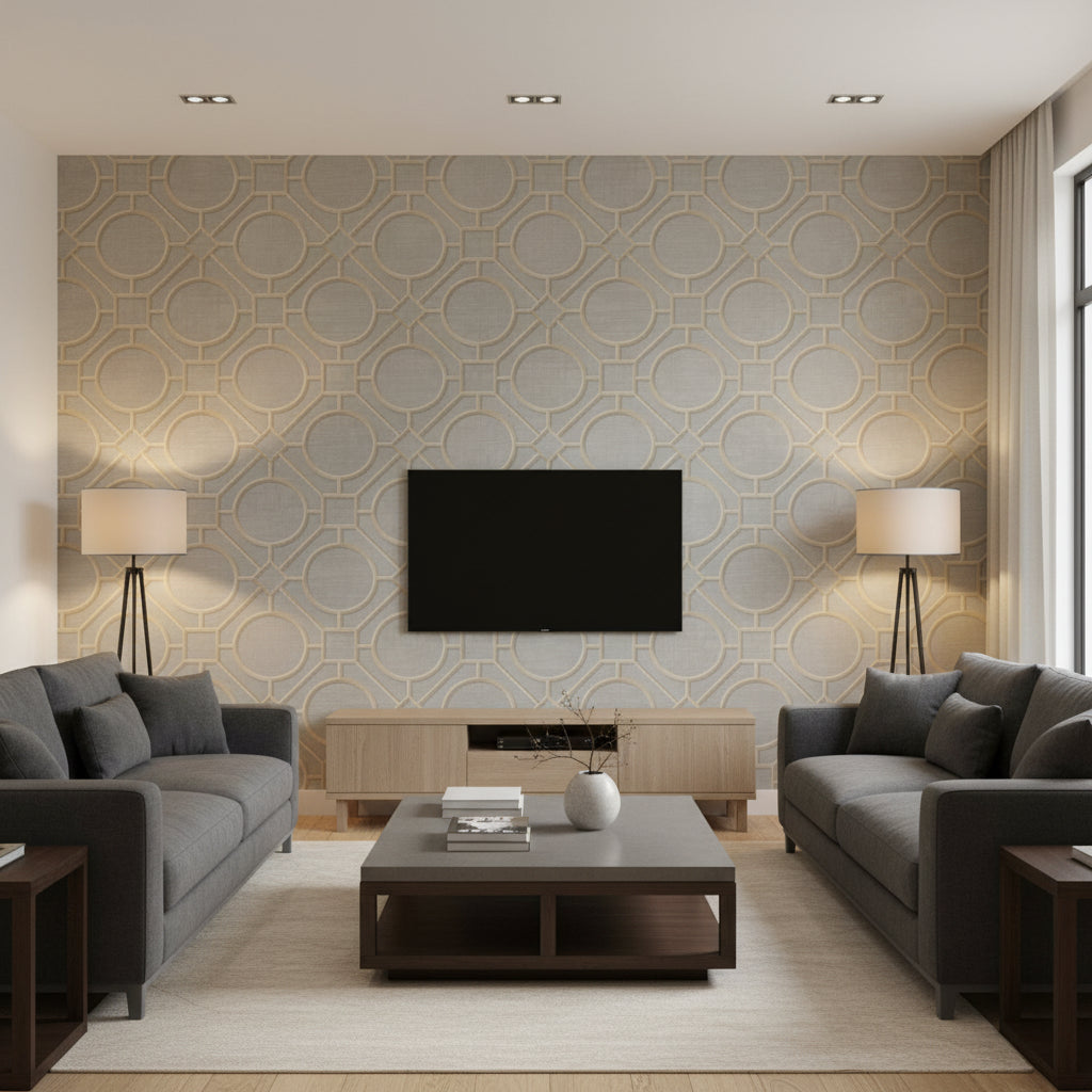 Silk Road Trellis Traditional Geometric - Metallic Gold and Gray | Architectural Wallcoverings - Living Room Visualization (AI-generated, may not be to scale. Verify pattern scale with product specifications.)