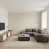 Silk Road Trellis Traditional Geometric - Metallic Silver and Linen | Architectural Wallcoverings - Living Room Visualization (AI-generated, may not be to scale. Verify pattern scale with product specifications.)