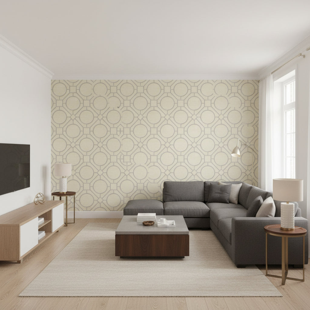Silk Road Trellis Traditional Geometric - Metallic Silver and Linen | Architectural Wallcoverings - Living Room Visualization (AI-generated, may not be to scale. Verify pattern scale with product specifications.)