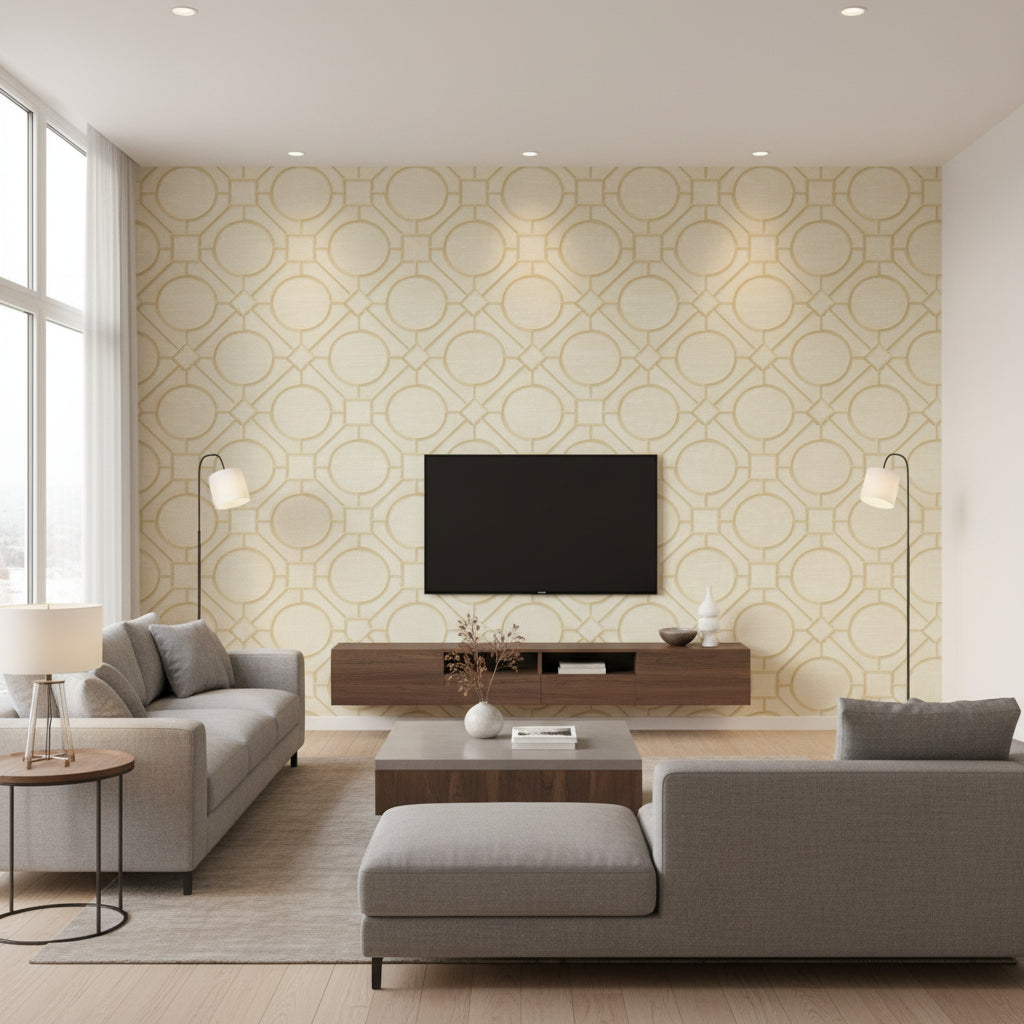 Silk Road Trellis Traditional Geometric - Metallic Gold and Linen | Architectural Wallcoverings - Living Room Visualization (AI-generated, may not be to scale. Verify pattern scale with product specifications.)