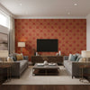 Silk Road Trellis Traditional Geometric - Metallic Gold and Crimson | Architectural Wallcoverings - Living Room Visualization (AI-generated, may not be to scale. Verify pattern scale with product specifications.)