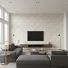 Silk Road Trellis Traditional Geometric - Metallic Pearl and Off-White | Architectural Wallcoverings - Living Room Visualization (AI-generated, may not be to scale. Verify pattern scale with product specifications.)