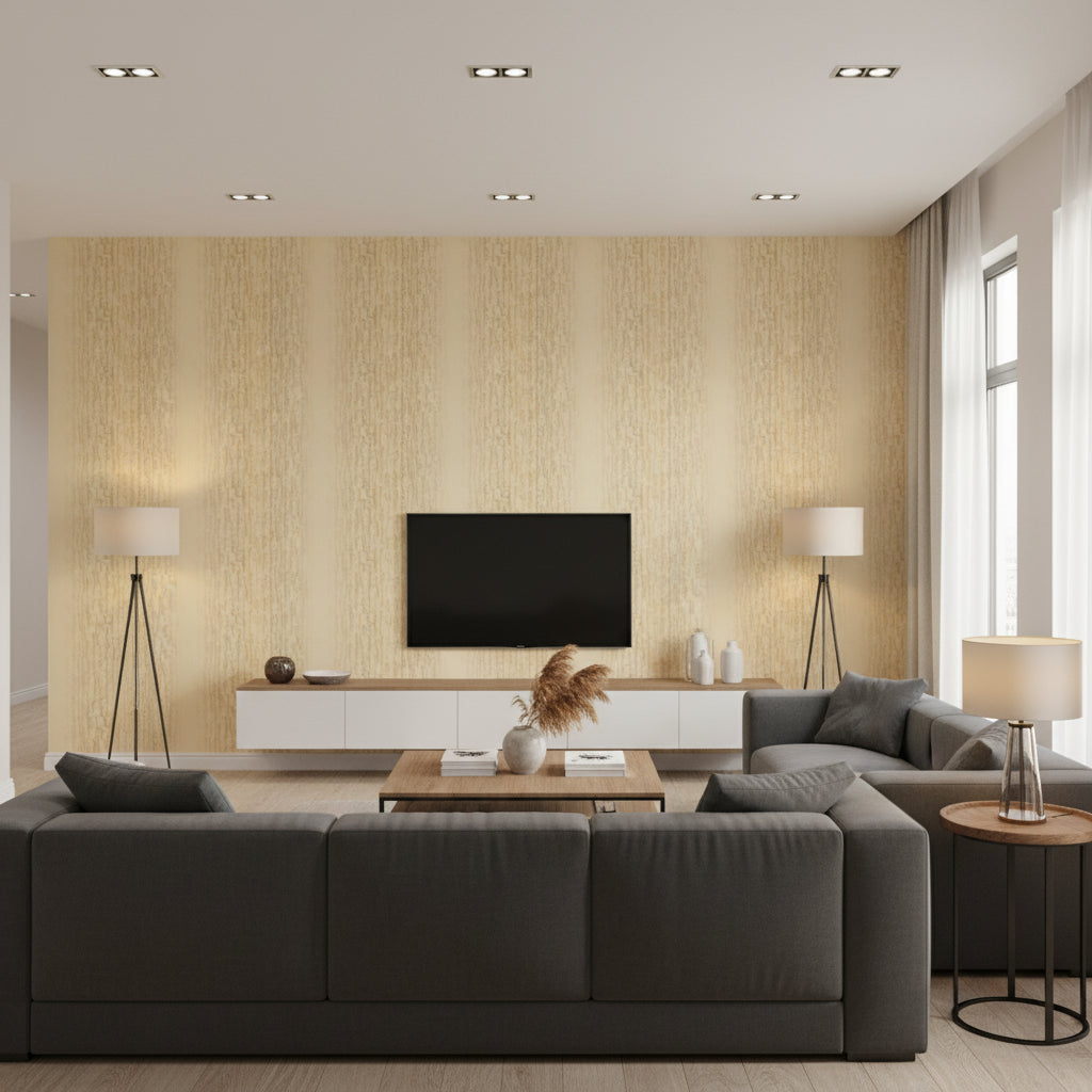 Koi Texture Traditional Abstract - Metallic Gold and Caramel | Architectural Wallcoverings - Living Room Visualization (AI-generated, may not be to scale. Verify pattern scale with product specifications.)