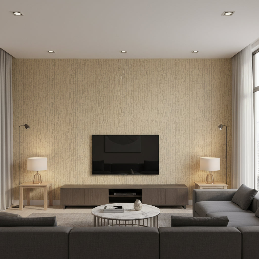 Koi Texture Traditional Abstract - Metallic Gold and Taupe | Architectural Wallcoverings - Living Room Visualization (AI-generated, may not be to scale. Verify pattern scale with product specifications.)