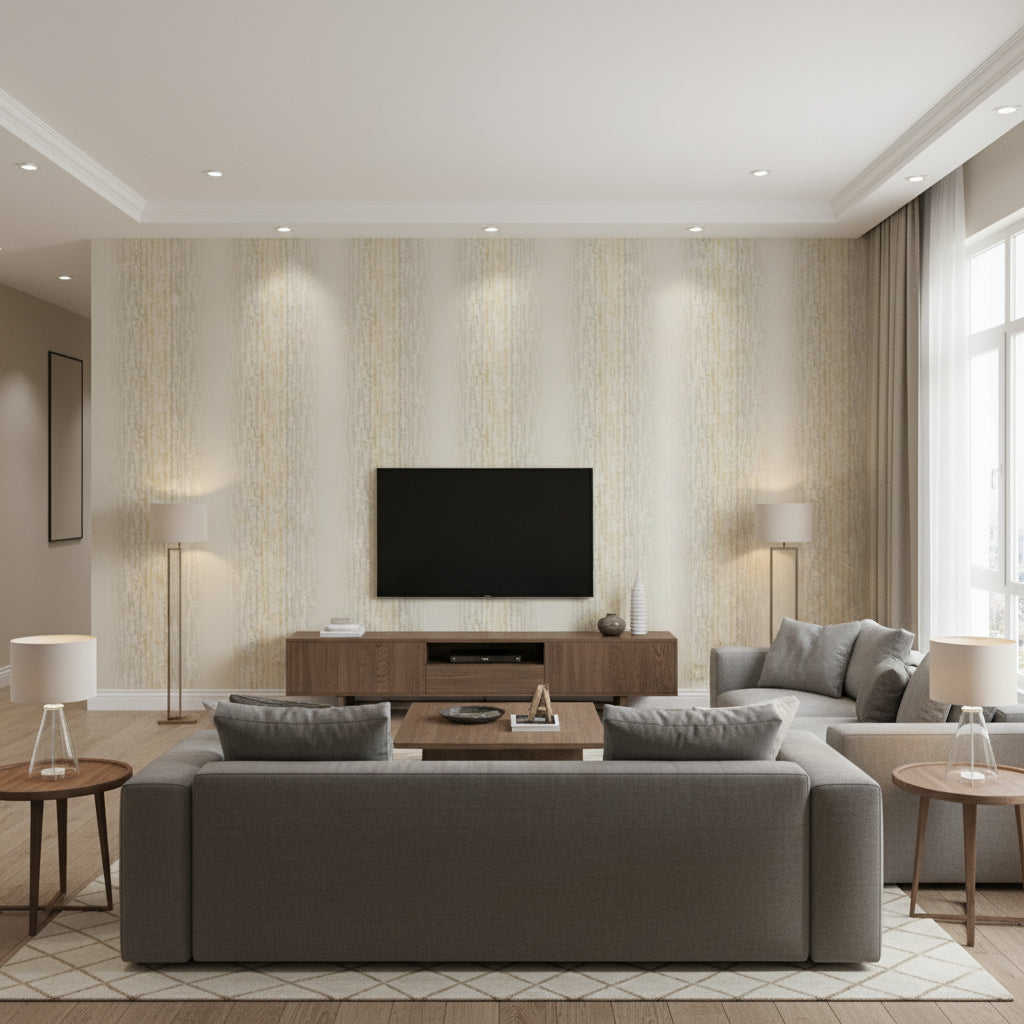 Koi Texture Traditional Abstract - Silver and Off-White | Architectural Wallcoverings - Living Room Visualization (AI-generated, may not be to scale. Verify pattern scale with product specifications.)