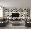 Curie Abstract Floral Transitional Floral - Metallic Ebony and Off-White | Architectural Wallcoverings - Living Room Visualization (AI-generated, may not be to scale. Verify pattern scale with product specifications.)