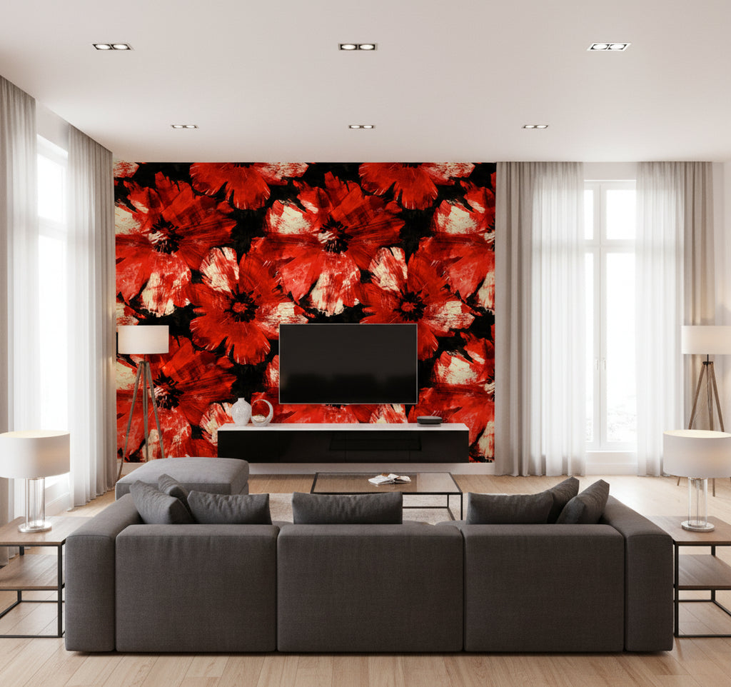 Curie Abstract Floral Transitional Floral - Metallic Gold and Crimson | Architectural Wallcoverings - Living Room Visualization (AI-generated, may not be to scale. Verify pattern scale with product specifications.)