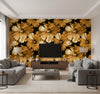 Curie Abstract Floral Transitional Floral - Metallic Gold and Ebony | Architectural Wallcoverings - Living Room Visualization (AI-generated, may not be to scale. Verify pattern scale with product specifications.)