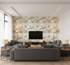 Curie Abstract Floral Transitional Floral - Metallic Silver and Off-White | Architectural Wallcoverings - Living Room Visualization (AI-generated, may not be to scale. Verify pattern scale with product specifications.)