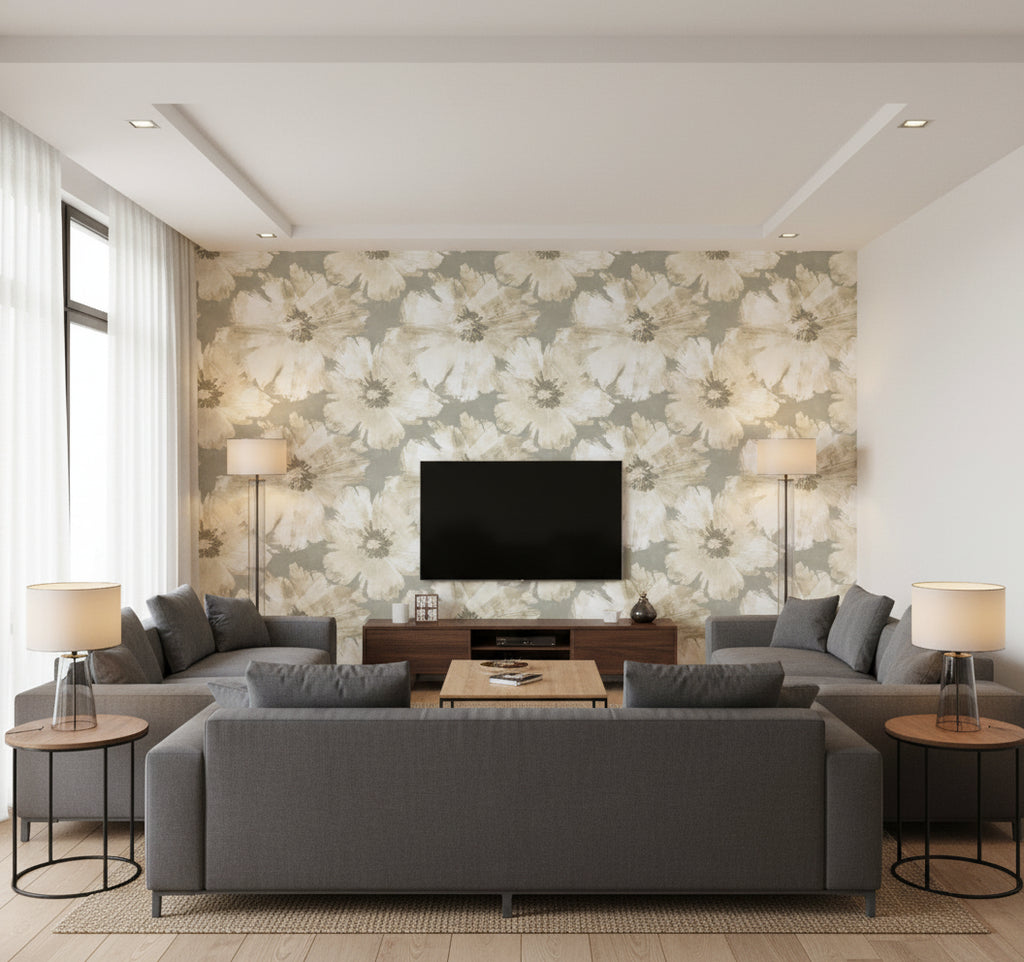 Curie Abstract Floral Transitional Floral - Metallic Silver and Off-White | Architectural Wallcoverings - Living Room Visualization (AI-generated, may not be to scale. Verify pattern scale with product specifications.)