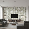 Chadwick Portrait Transitional Abstract - Metallic Pearl and Ebony | Architectural Wallcoverings - Living Room Visualization (AI-generated, may not be to scale. Verify pattern scale with product specifications.)